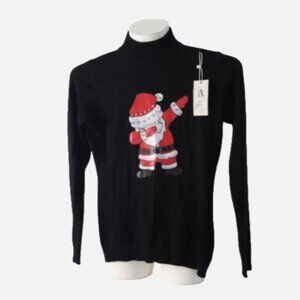 AZ Christmas Sweater Womens Sz S/M Black Santa Design Crystal Embellishments EUC